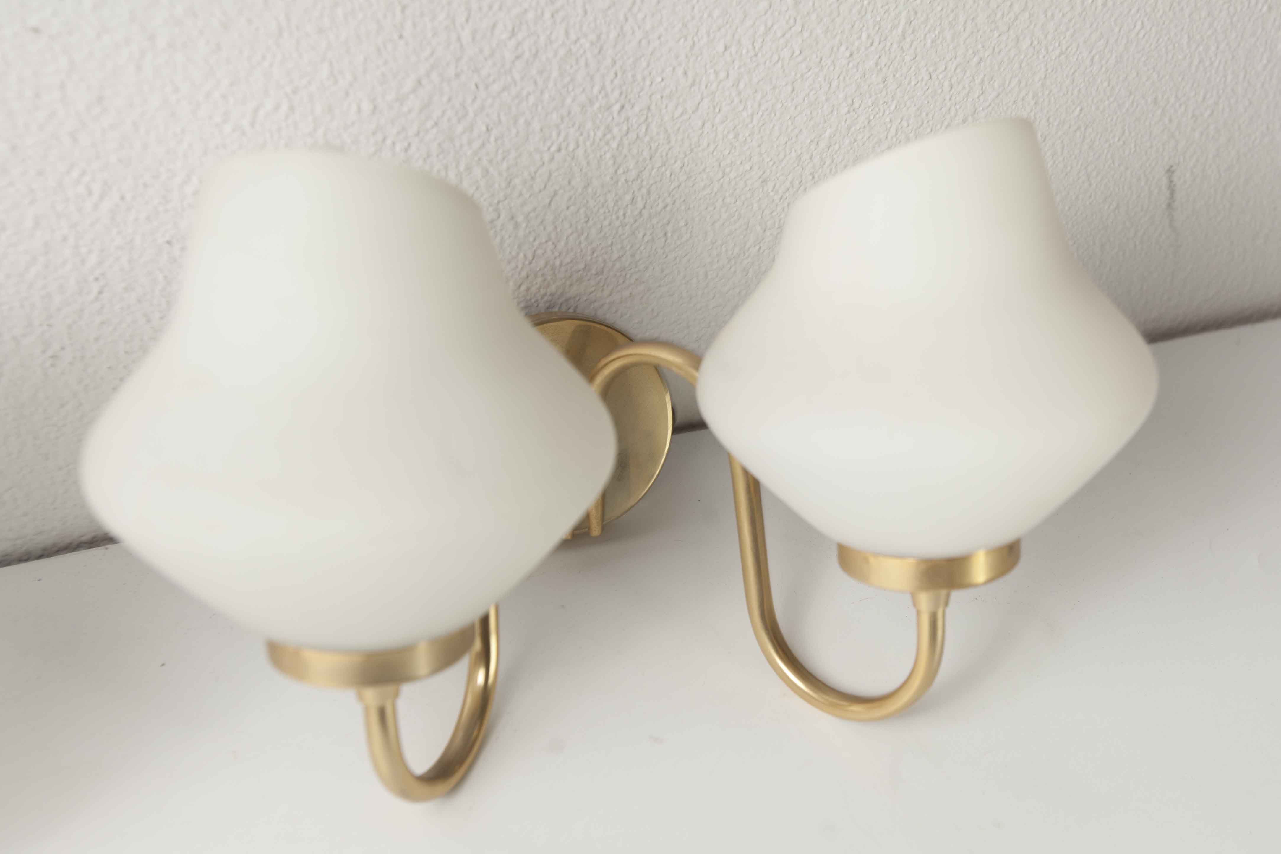Pair of 60s brass and opaline sconces