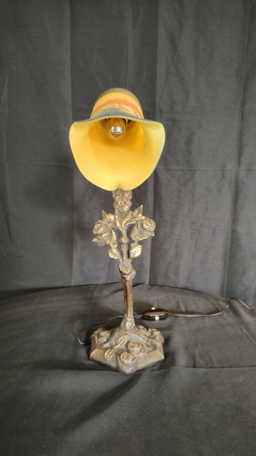Unsigned wrought iron and tulip lamp (city light)