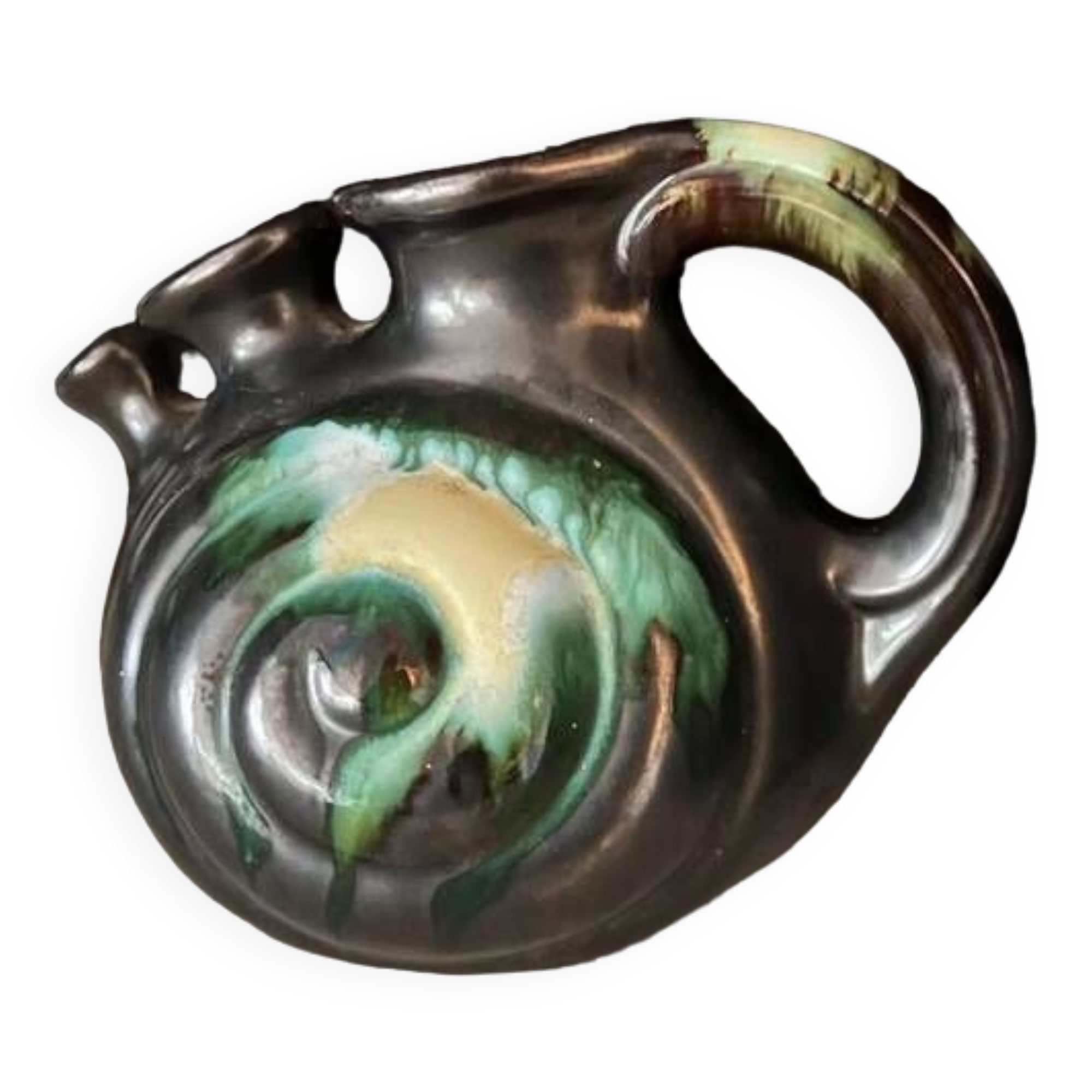 Ceramic with 3 Thulin spouts, black enamel, typical decoration in blue-green glaze, signed .20cmX16CM.