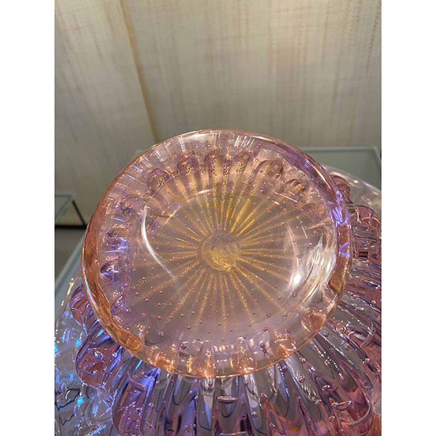 Glass Pink Vase With Gold and Bubble Air Round Shape