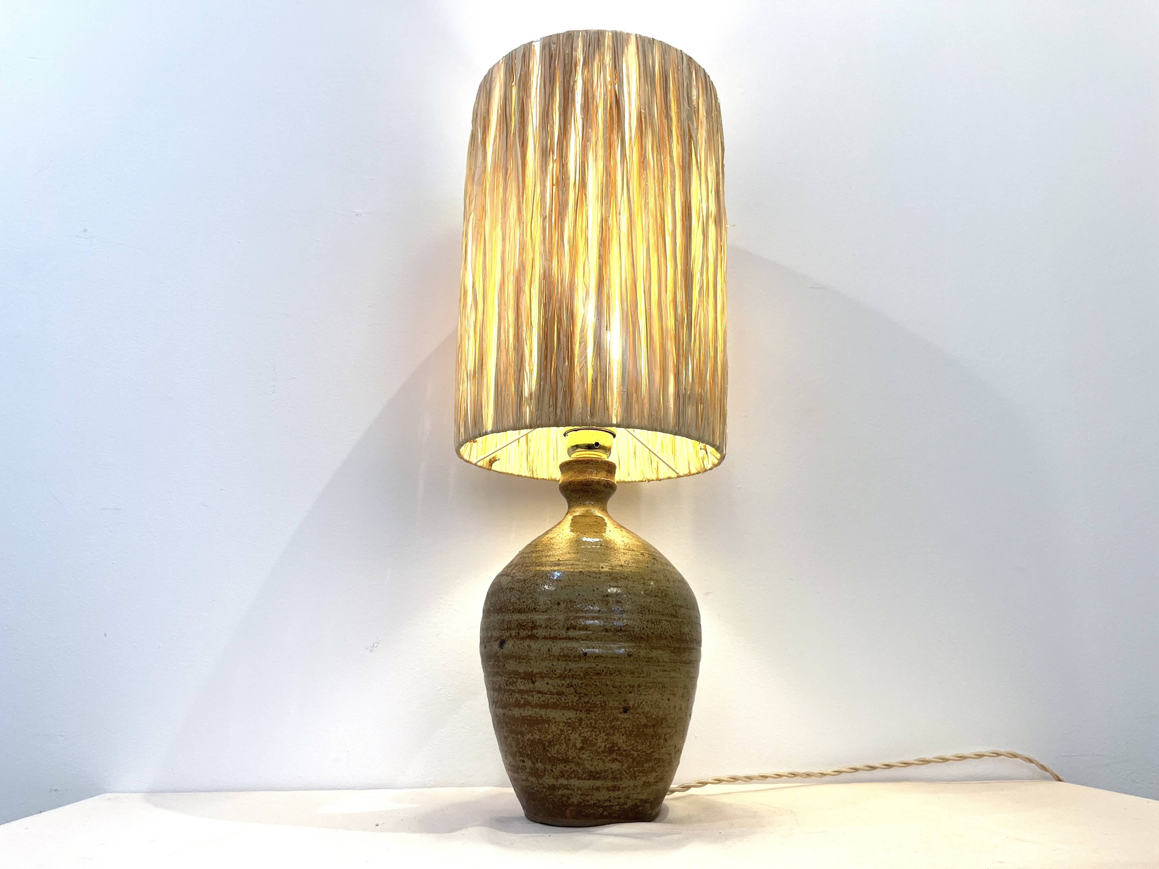 XXL Vintage Lamp Base in Beige Brown Stoneware with Raffia Lampshade 1970