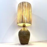 XXL Vintage Lamp Base in Beige Brown Stoneware with Raffia Lampshade 1970