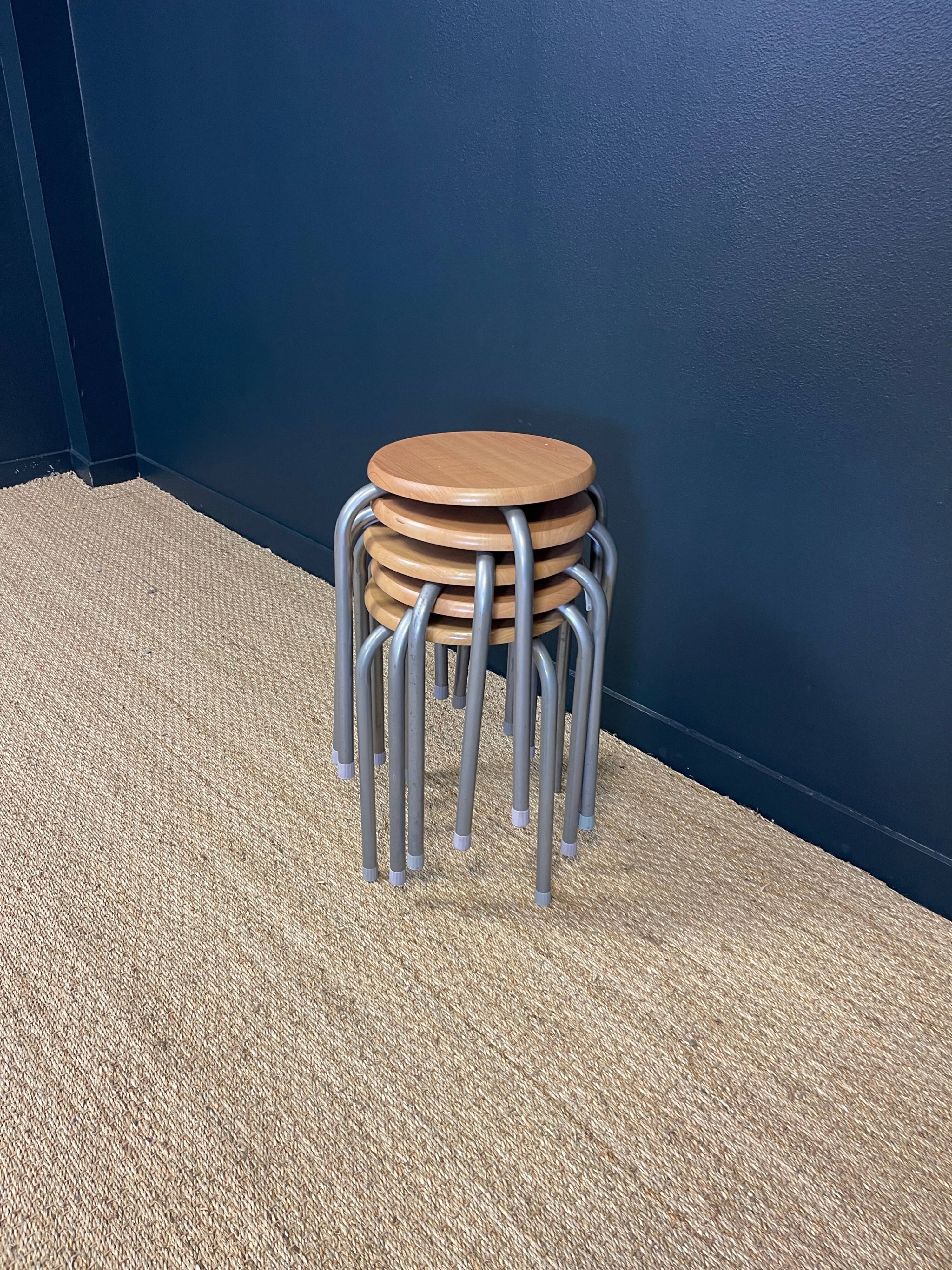 Set of 5 wooden school stools with gray metal legs