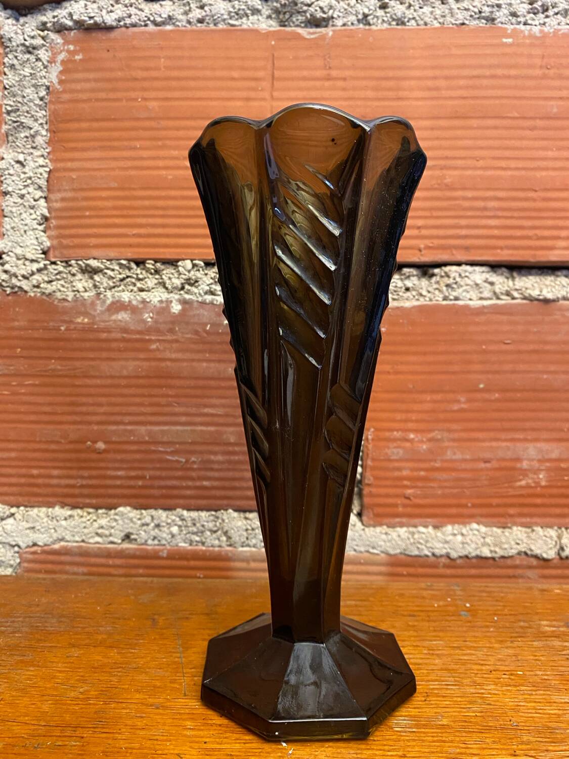 Antique Art Deco Smoked Grey Molded Glass Vase Vintage Decoration