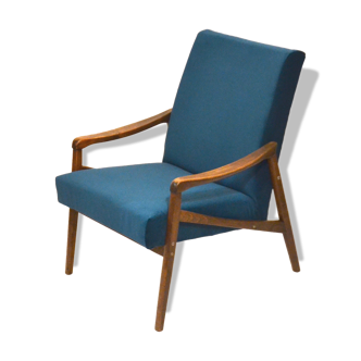 Fauteuil années 60 retapissé velours bleu canard