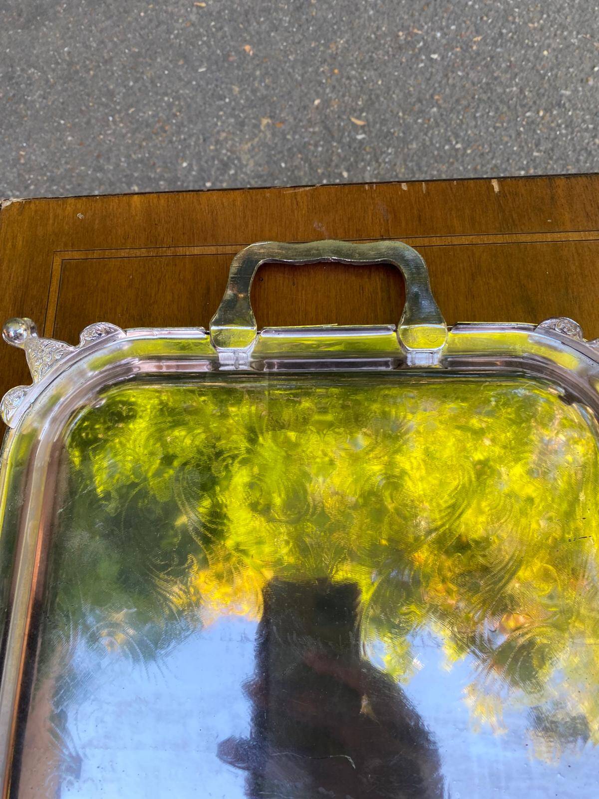 Sculpted silver serving tray