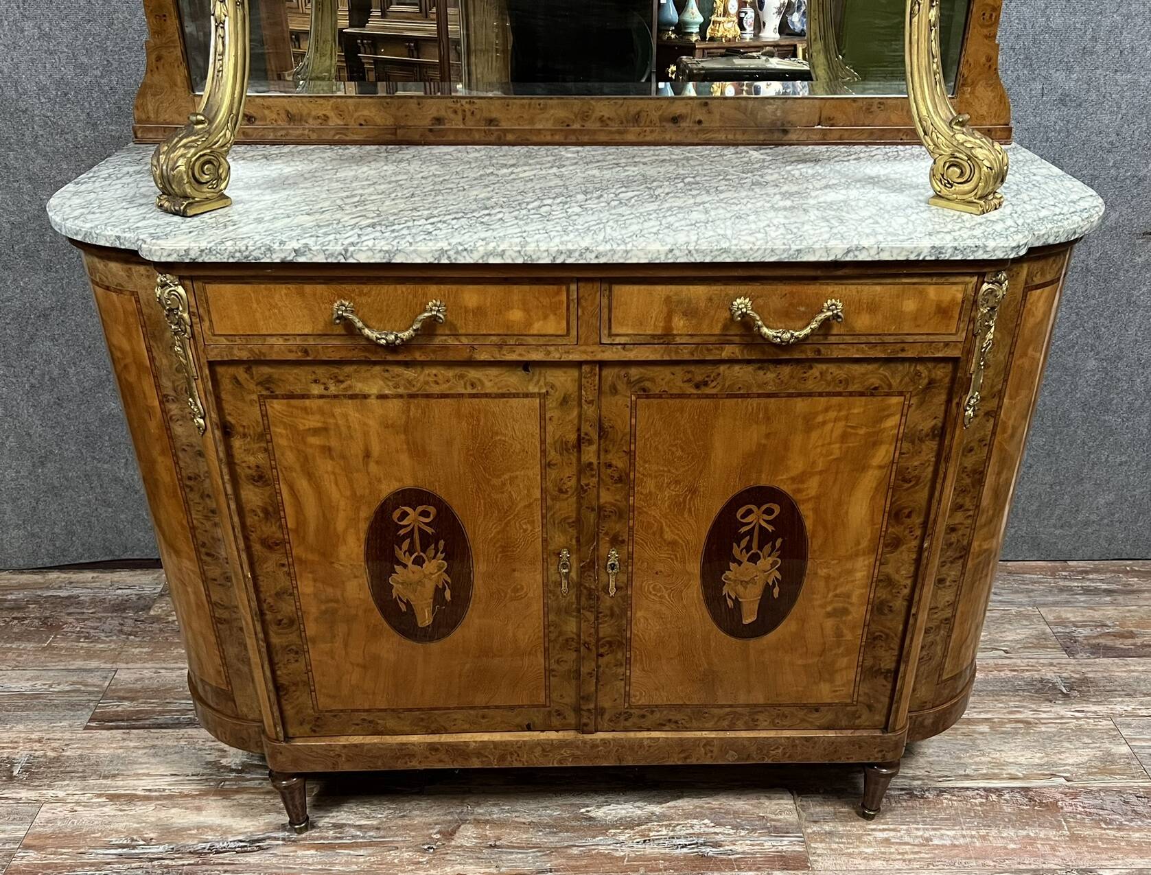 Superb Louis XVI two-body buffet in marquetry and gilded bronzes circa 1880