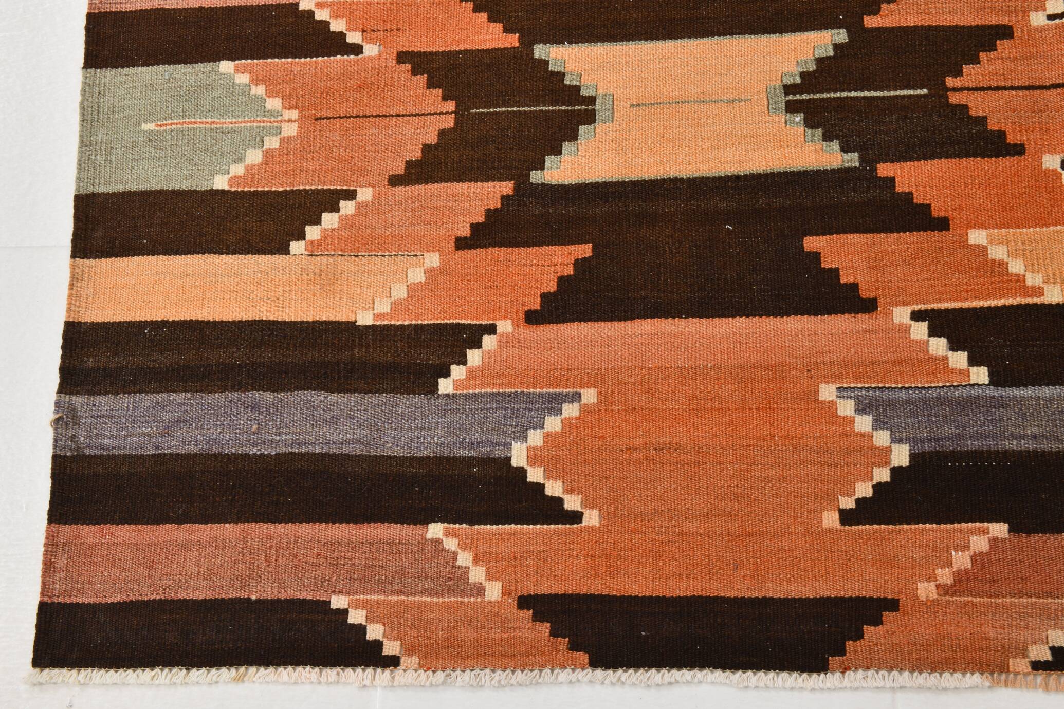 3x10 Orange  Brown Geometric Kilim Runner Rug, Handmade Wool Rug, 108x297Cm