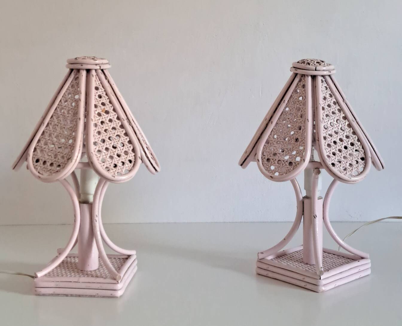 Pair of cane and bamboo bedside lamps