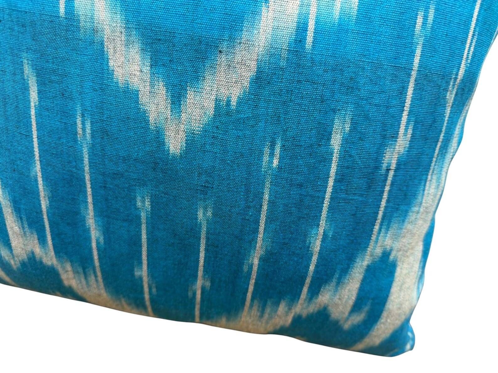 Silk Ikat Square Cushion Cover, Sky Blue Vintage Abraj, Handwoven, 16x16