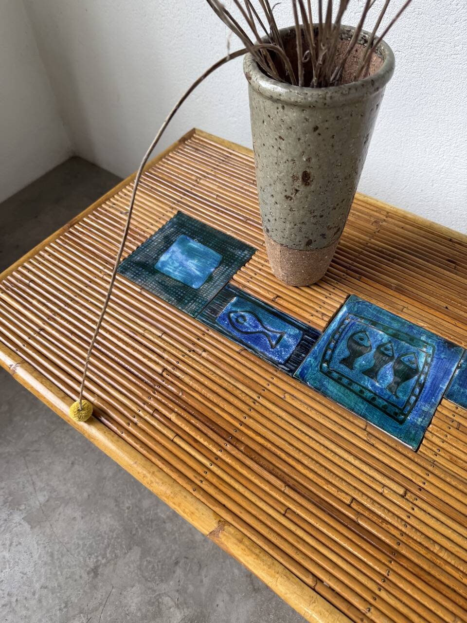 Rattan and ceramic coffee table, 60s