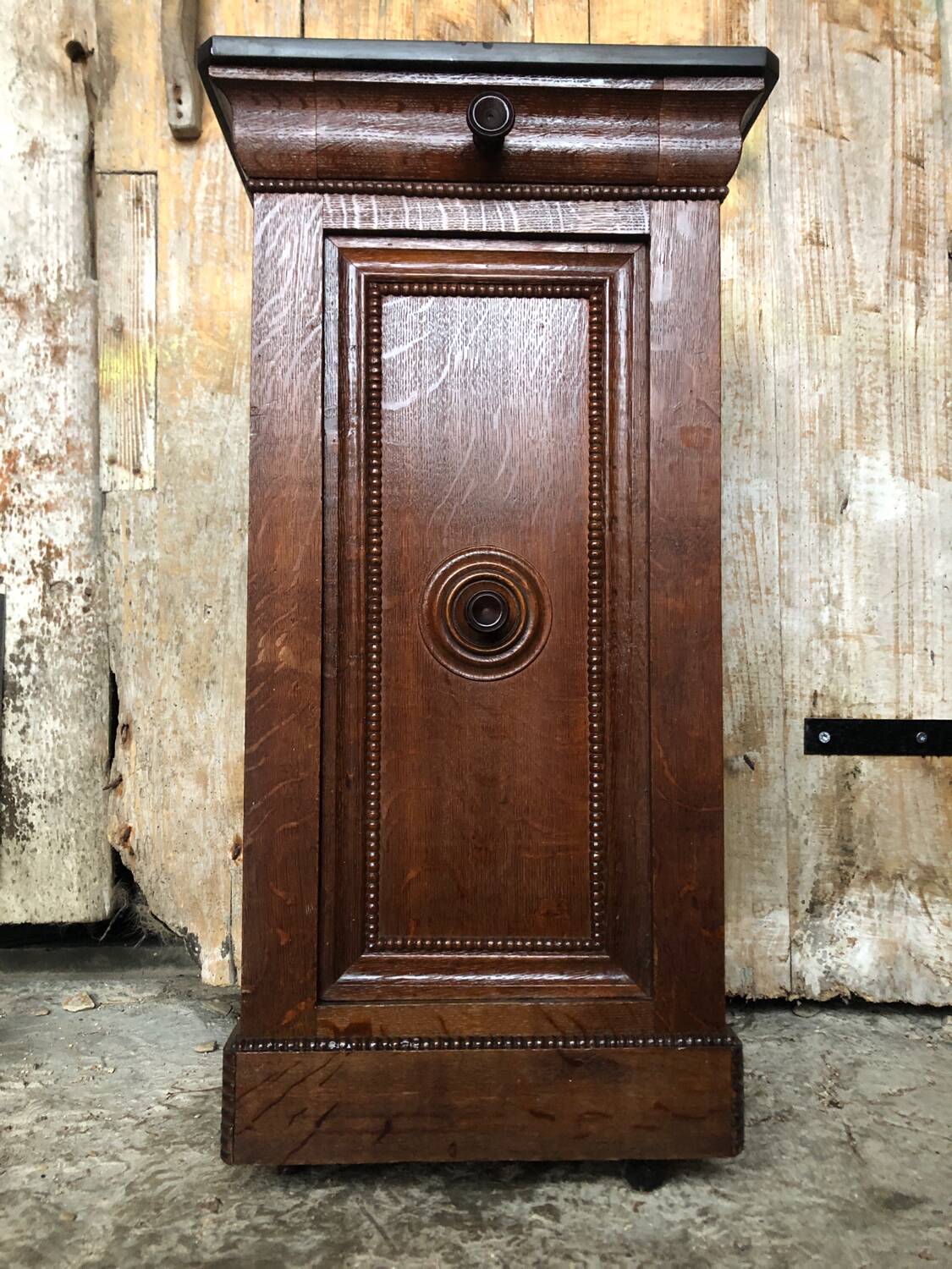Bedside night table 19th century wood row of beads + black marble top #a637