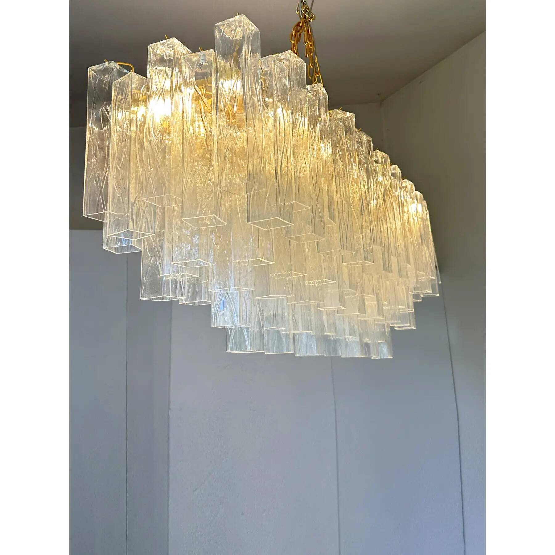 Luxury Italian Rectangular "Square ” Murano Glass Gold Chandelier by Simoen