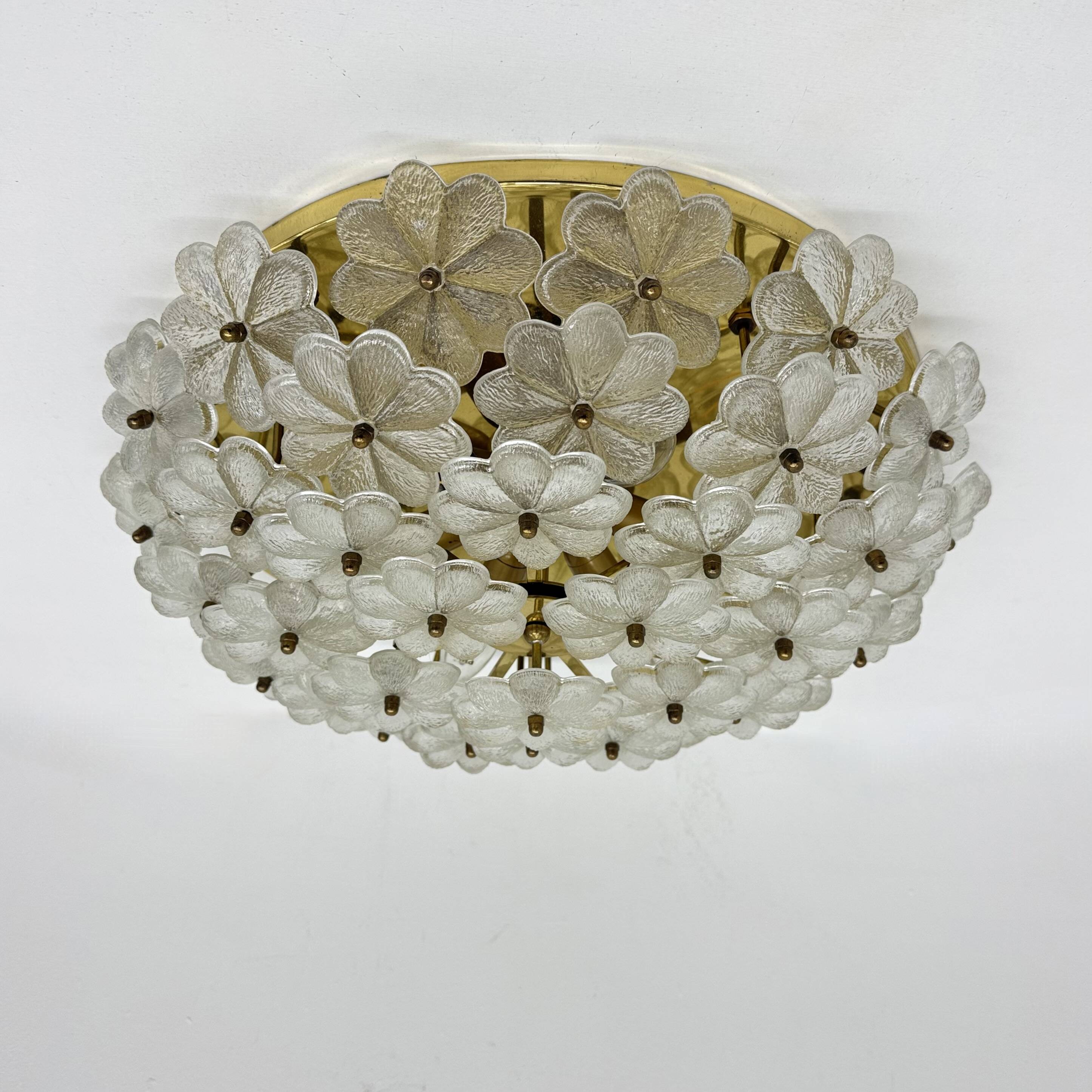 Large Floral Crystal Glass Flush Lamp by Ernst Palme , 1970s