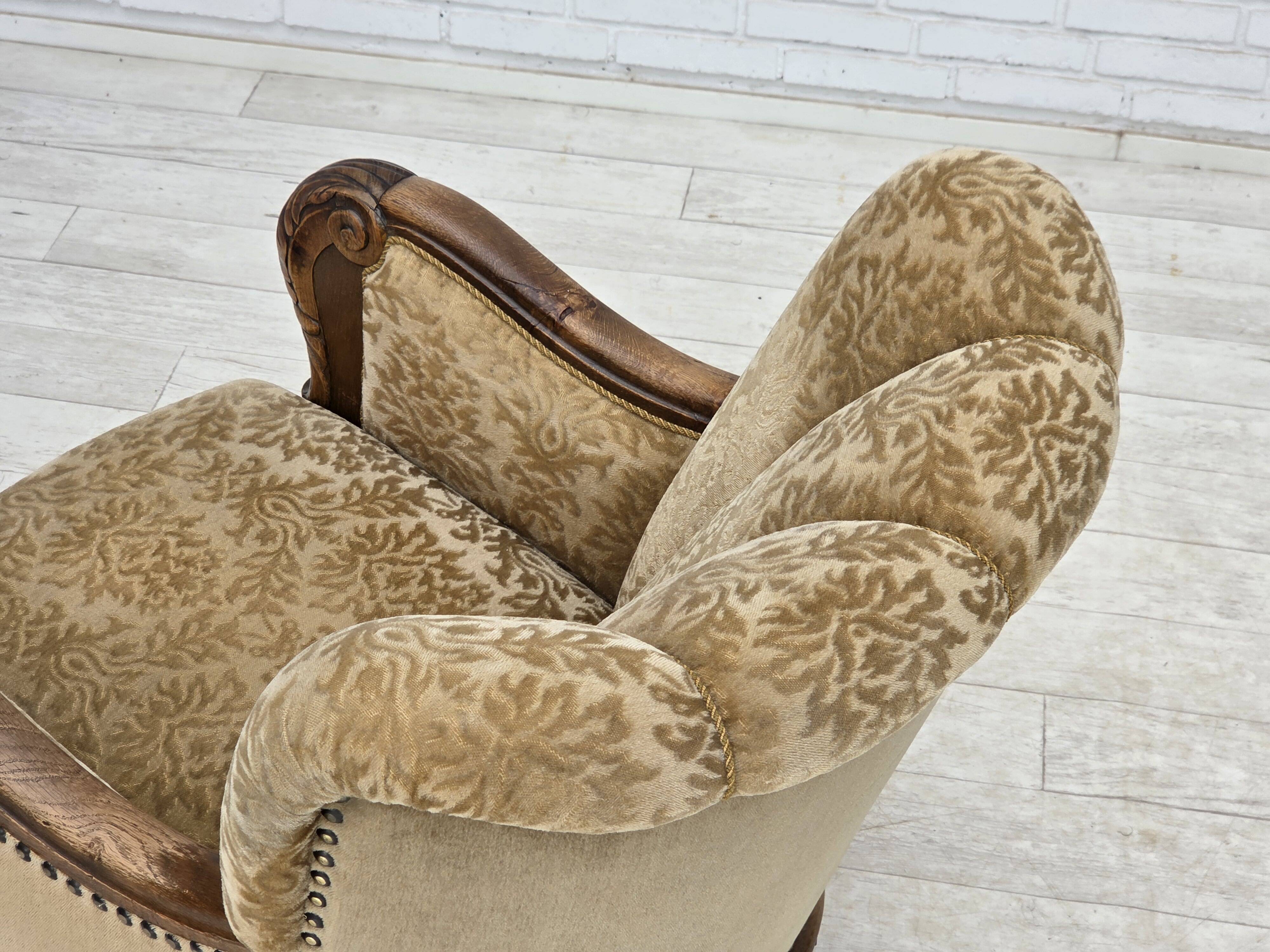 1950s, Danish relax armchair, furniture velour, carved oak wood.