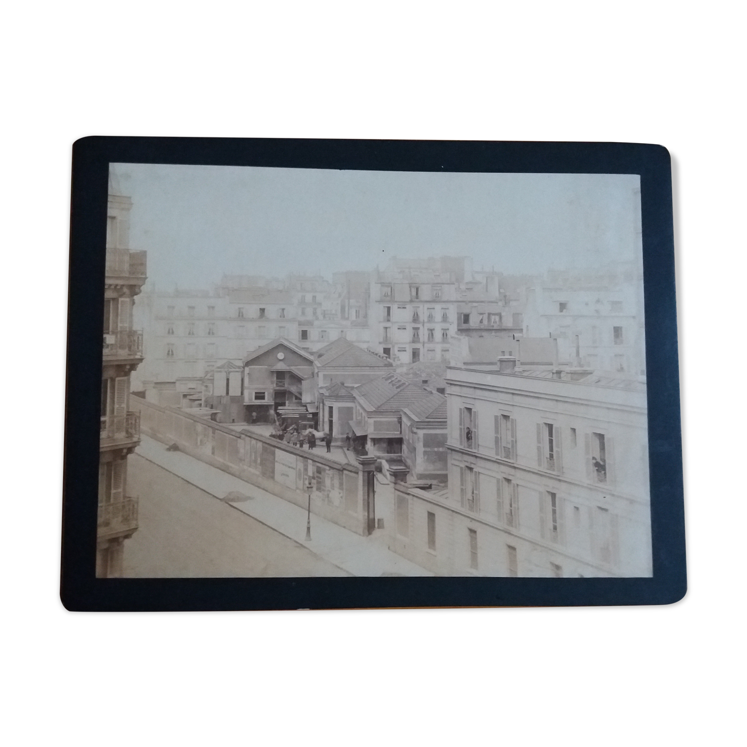 Old photograph 1900 view of a Parisian warehouse with diligence and horse