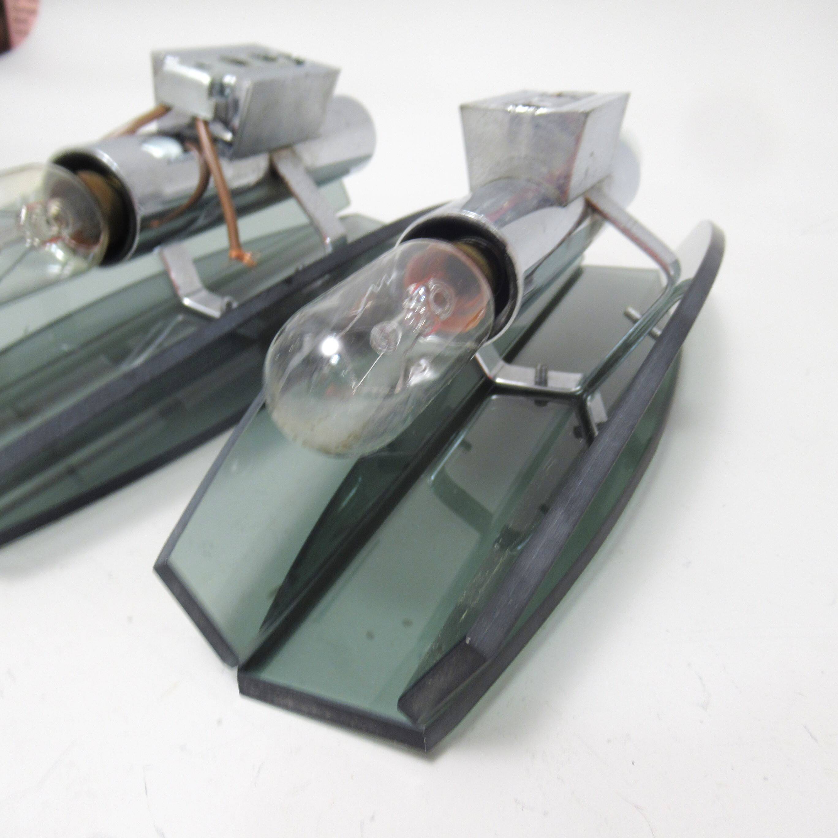 Pair of Veca smoked glass and chrome wall lights from the 70s