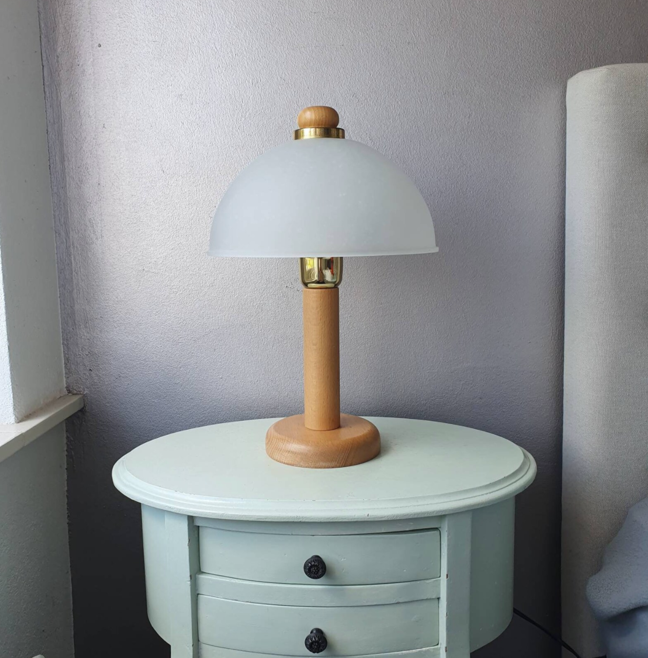 Vintage wooden table lamp with glass lampshade, 80s
