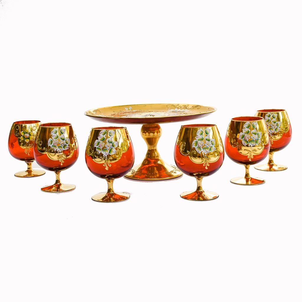 Service 6 glasses and murano dish red ruby gold vintage gold ⋆ Brocante Chic