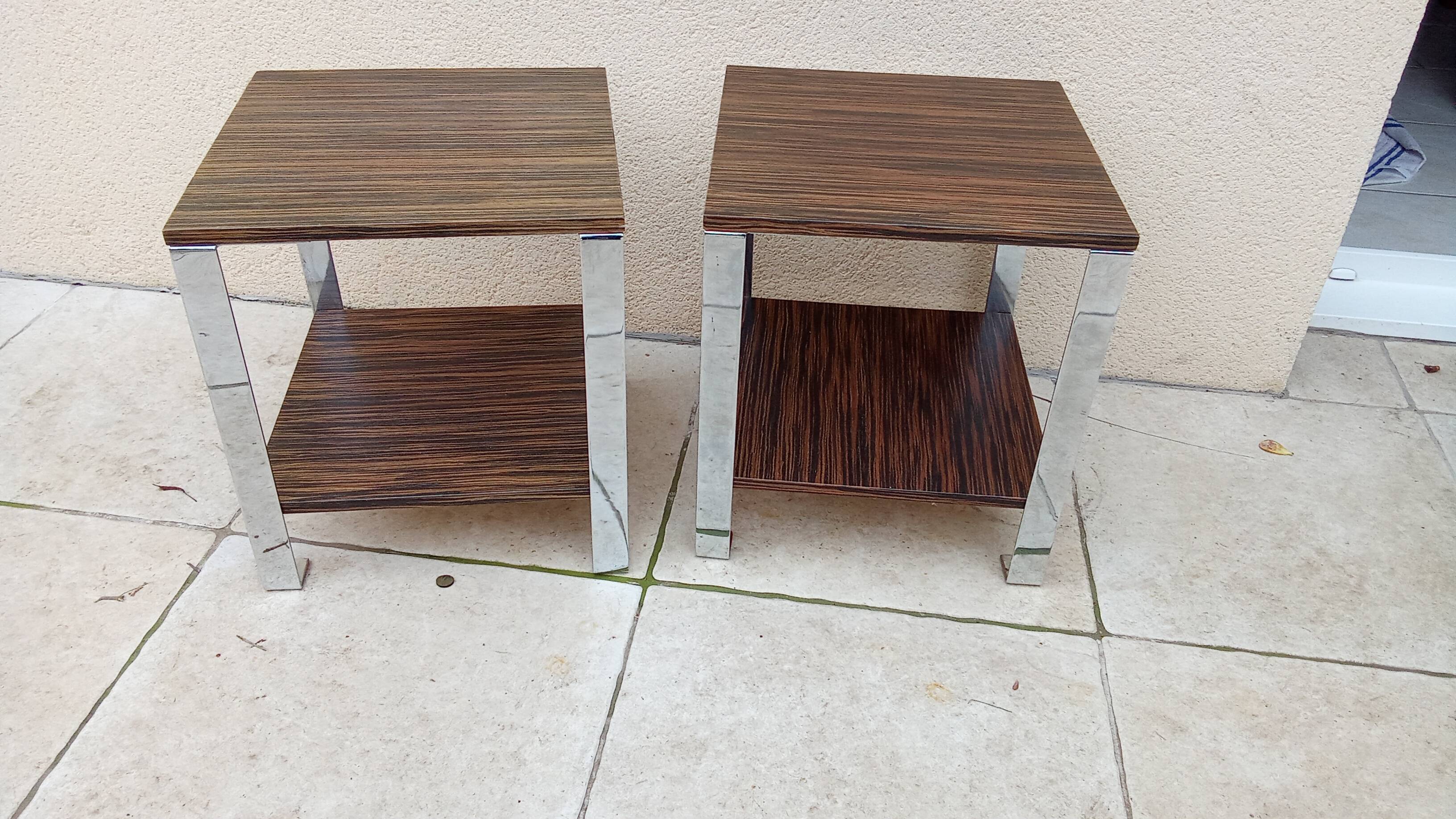 Pair of vintage 70s chrome zebrano wood bedside tables