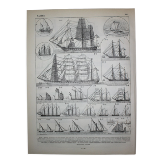 Engraving sailing boat and ship 2 original lithograph from 1898