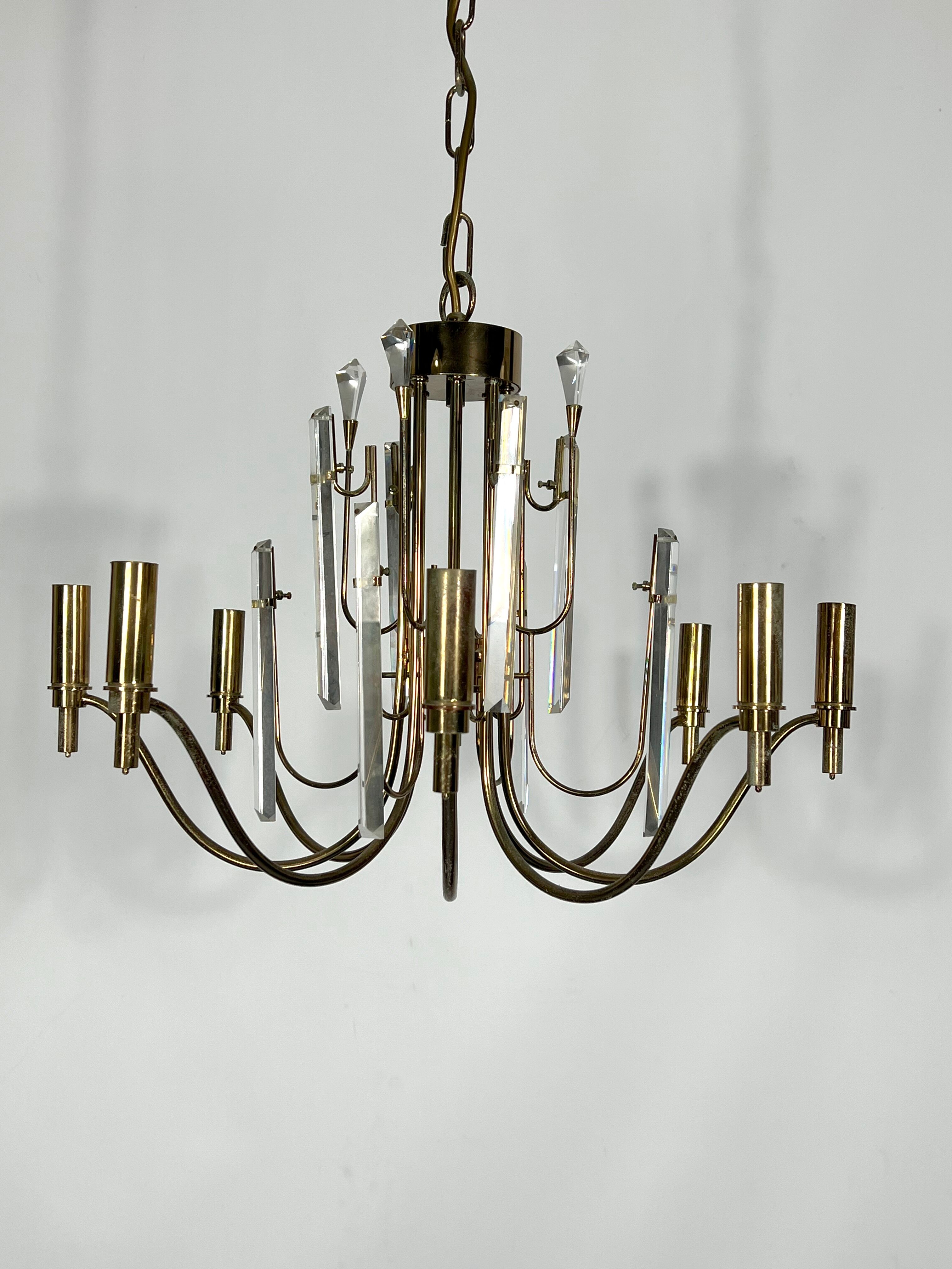 Vintage brass and glass Stilkronen chandelier, Italy 1970s