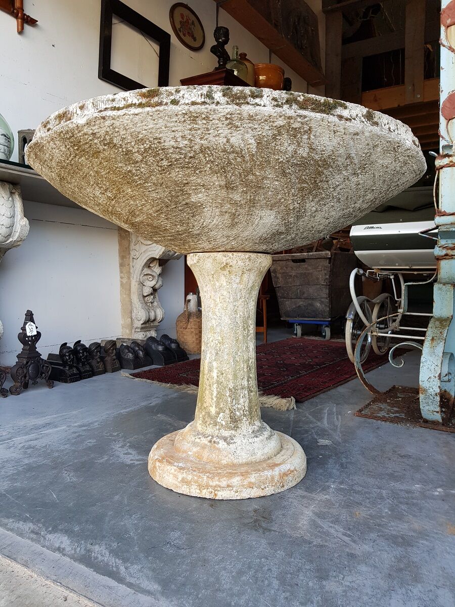 Vintage casted stone garden bowl on pedestal