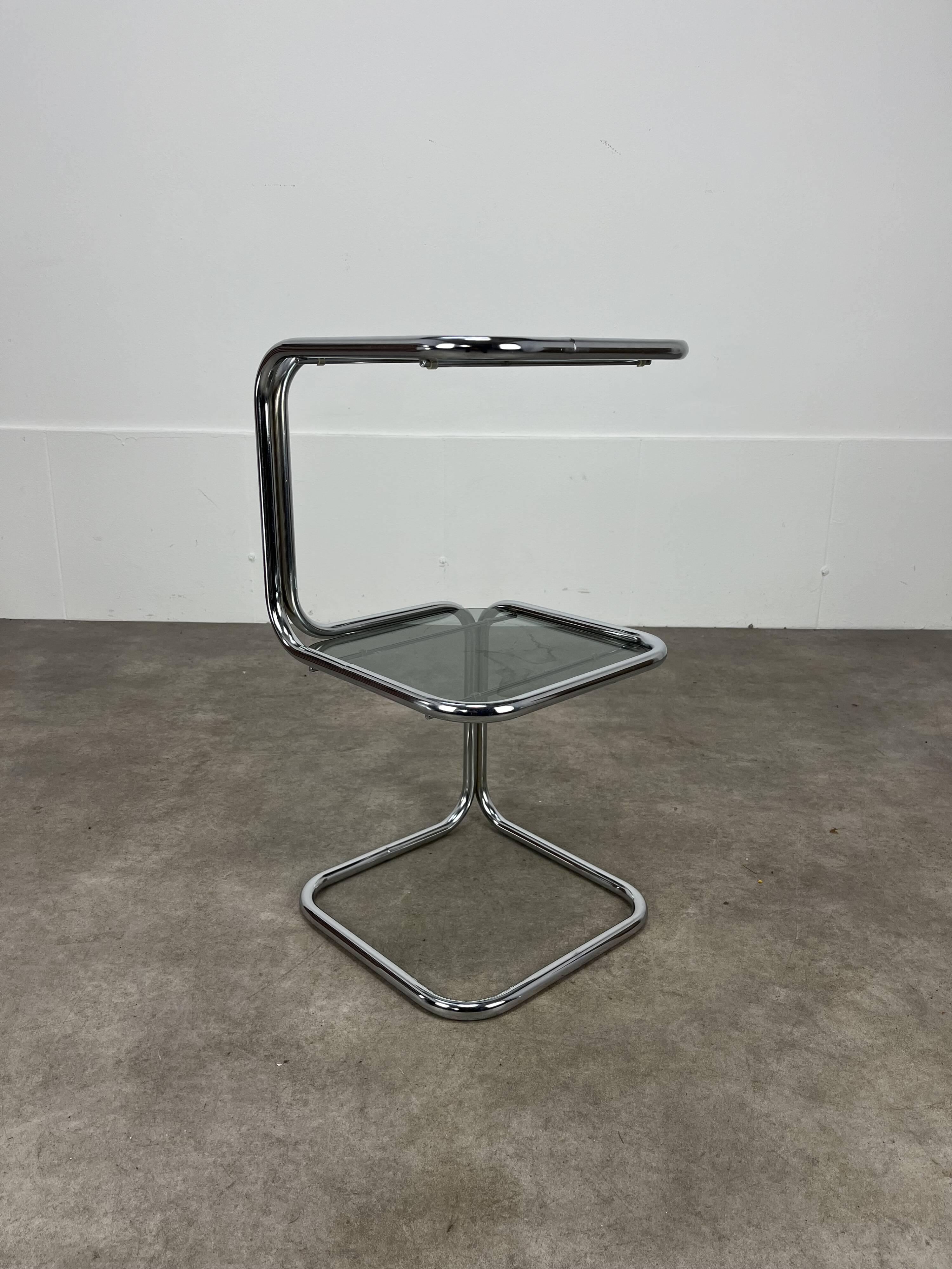 70s pedestal table, chrome and smoked glass side table