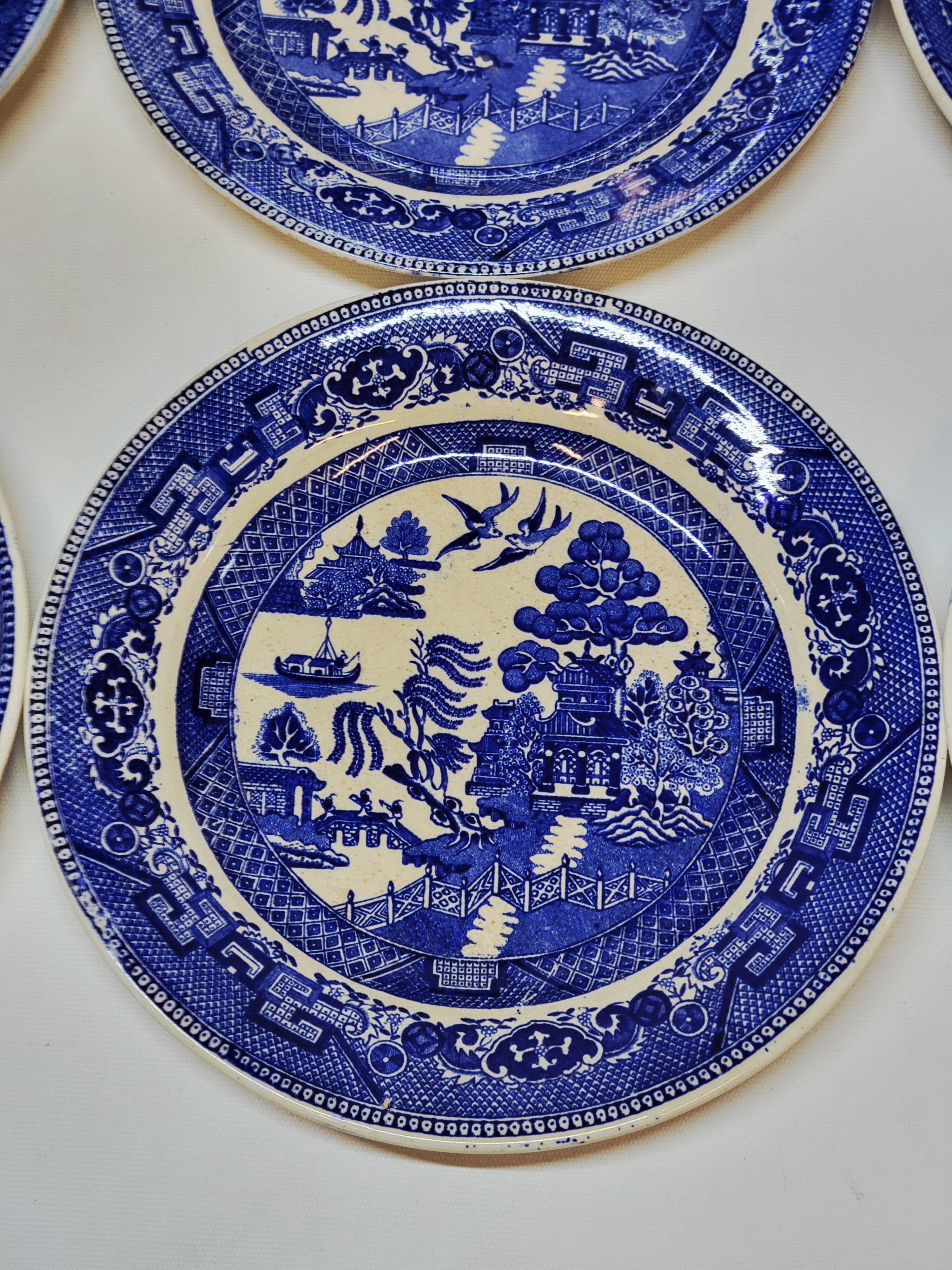 9 Antique Plates 19th Century Blue Willow Pattern Chinese Blue Decor