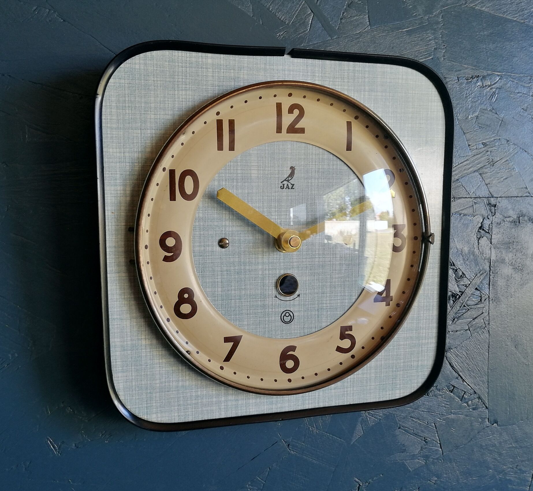 Vintage formica clock square silent wall clock "Jaz Blue"