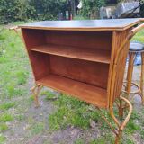 Vintage rattan bar with 1960s earthenware tile decor with 2 stools