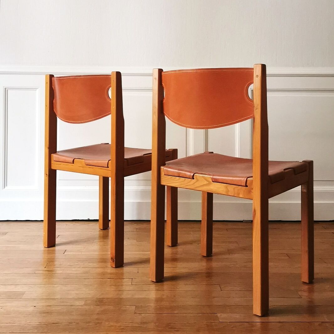 Paire de chaises orme et cuir Maison Regain