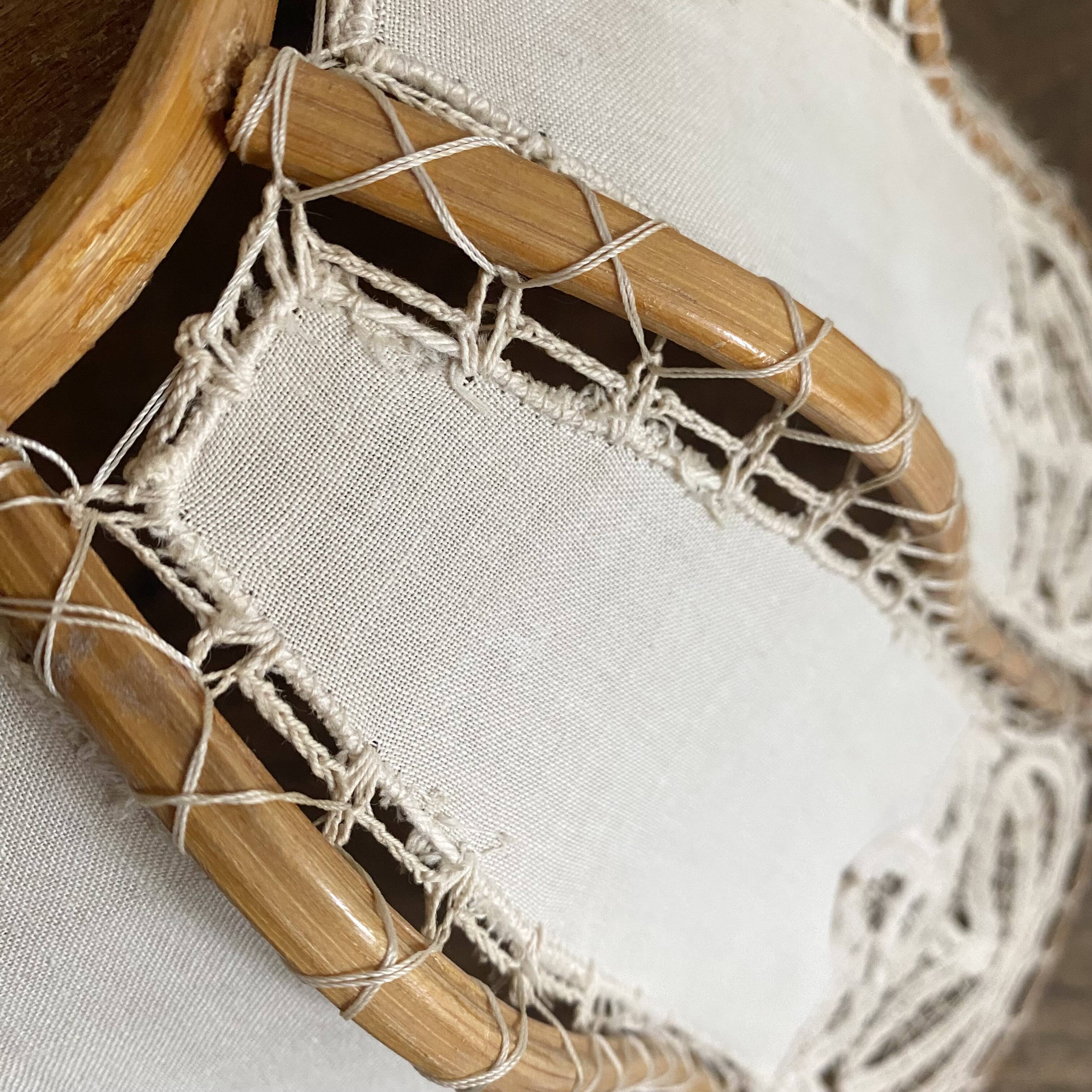 Antique hanging lampshade in rattan and openwork embroidered fabric