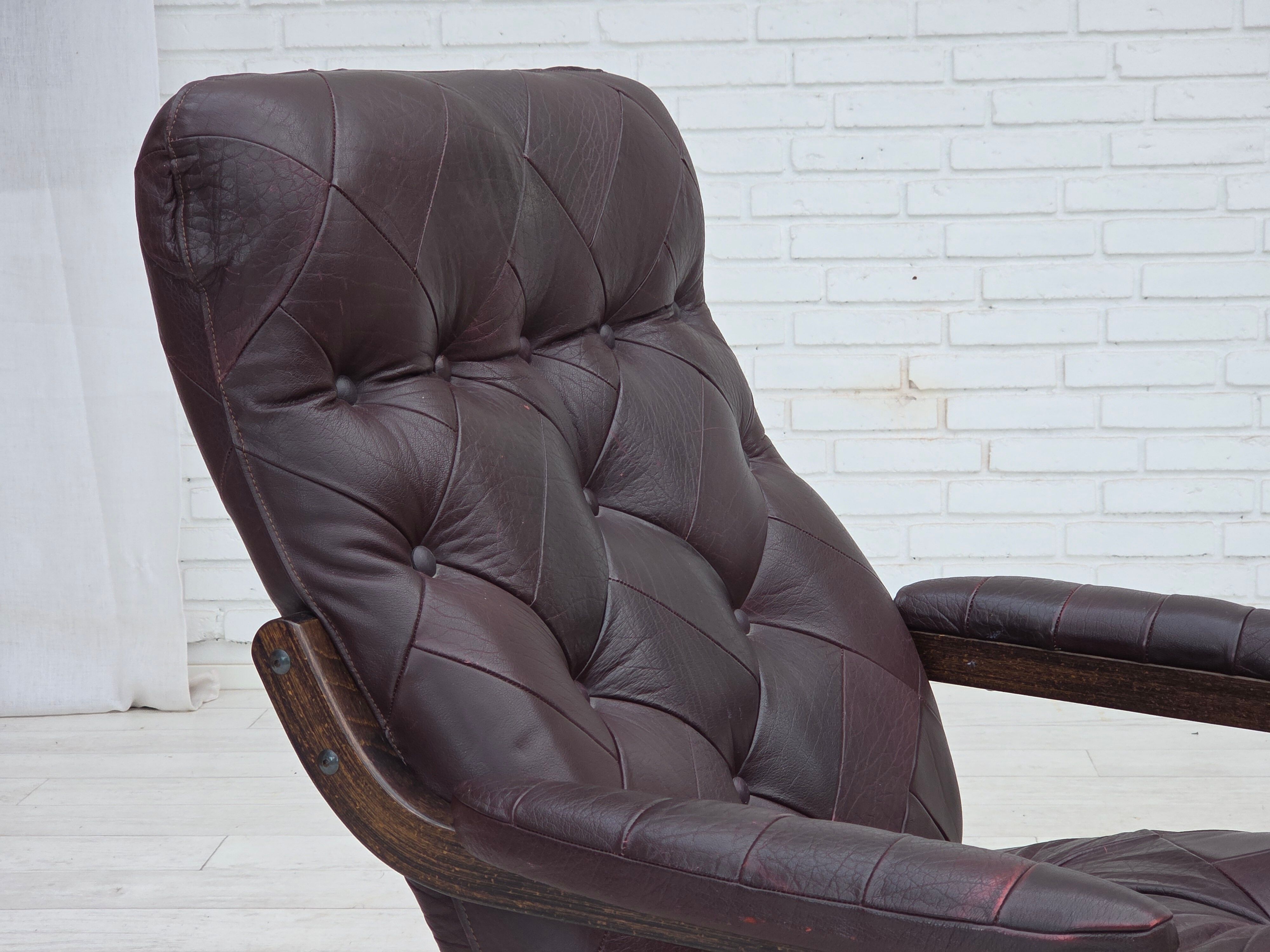 1970s, Scandinavian armchair, brown furniture leather, bent wood.