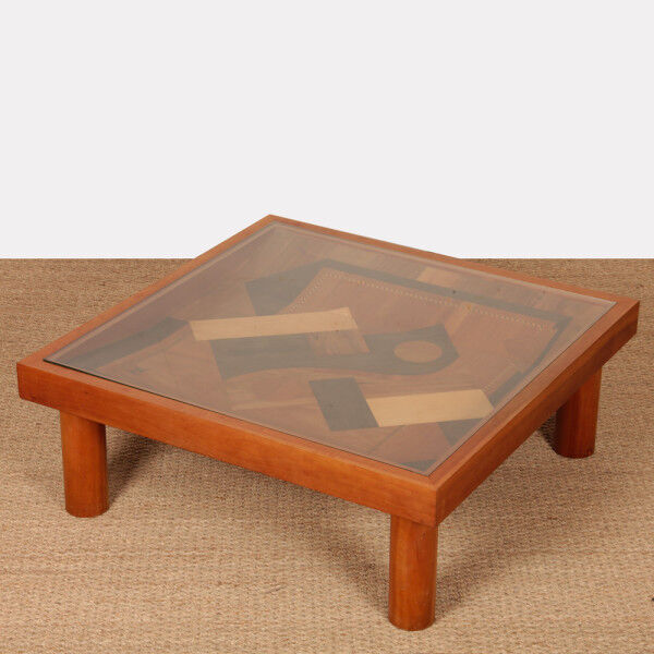 Square coffee table, handcrafted marquetry, 1985