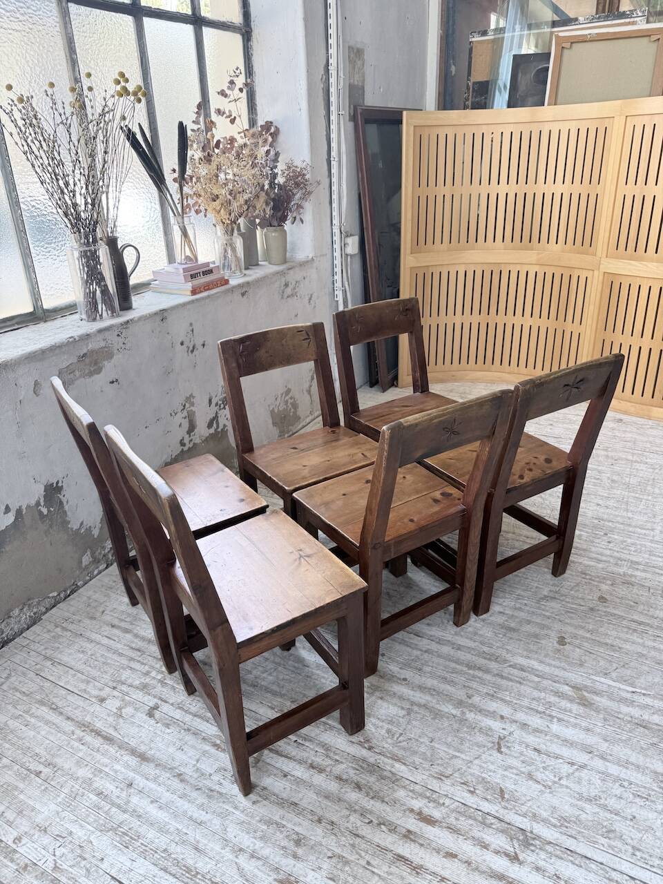 Set of 4 Savoyard pine folk art chairs from the 1950s.