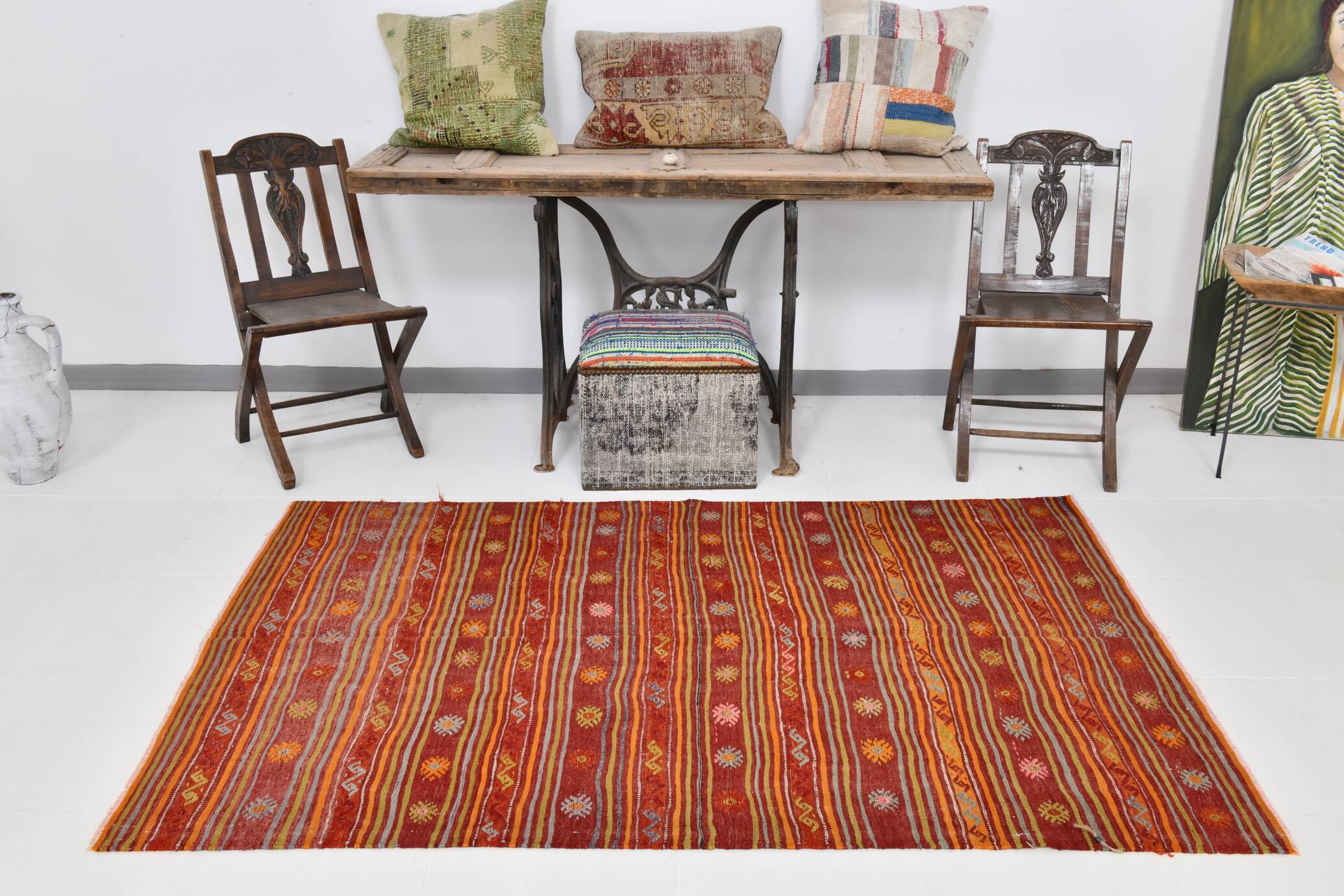 4x7 Red Orange Striped Handmade Wool Kilim Rug