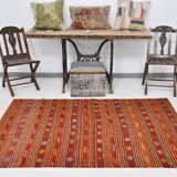 4x7 Red Orange Striped Handmade Wool Kilim Rug
