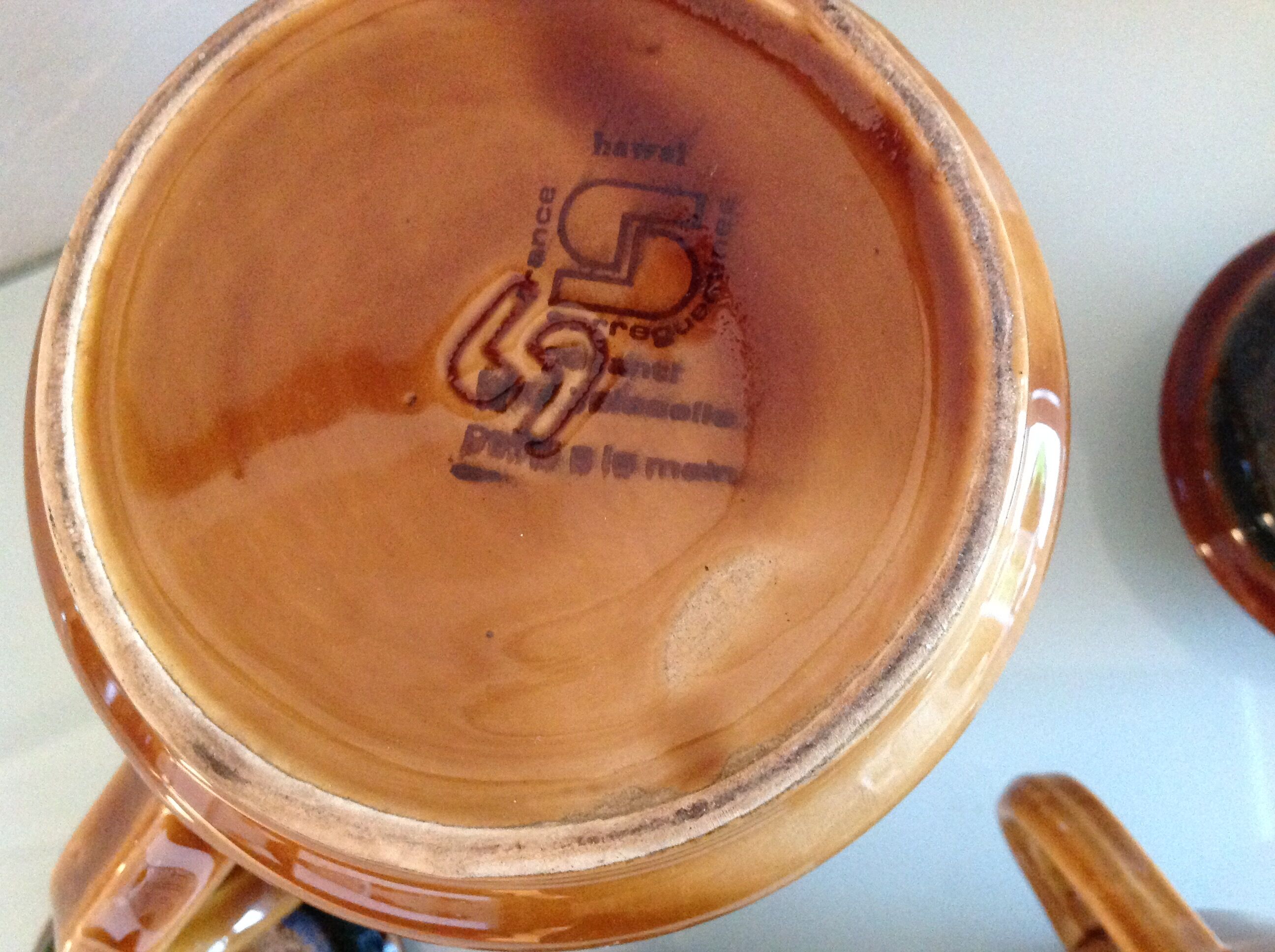 Coffee maker, milk pot and sugar décor Hawaii of the Sarreguemines vintage Earthenware 60s-70s