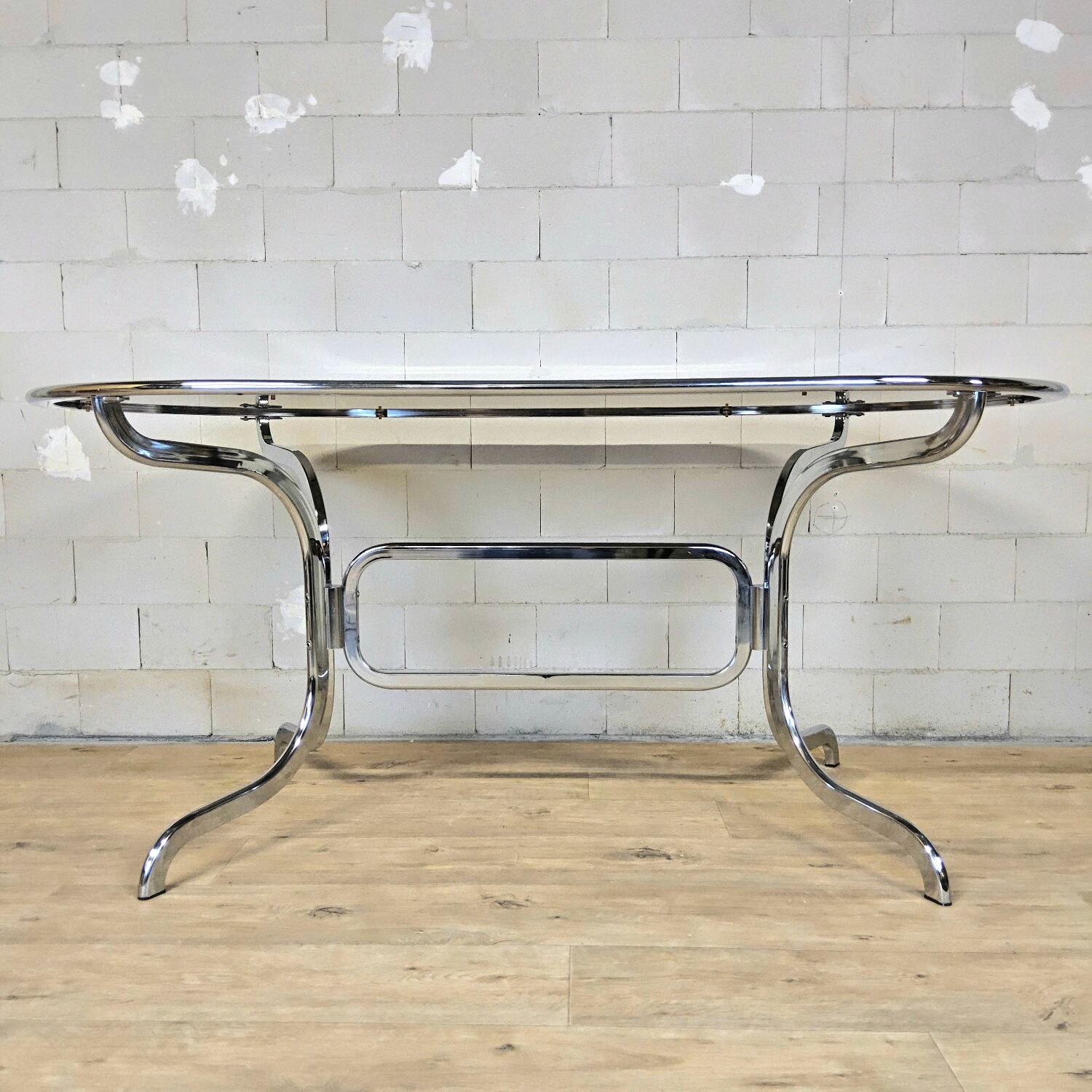 Vintage Gastone Rinaldi chrome & smoked glass dining table + chairs