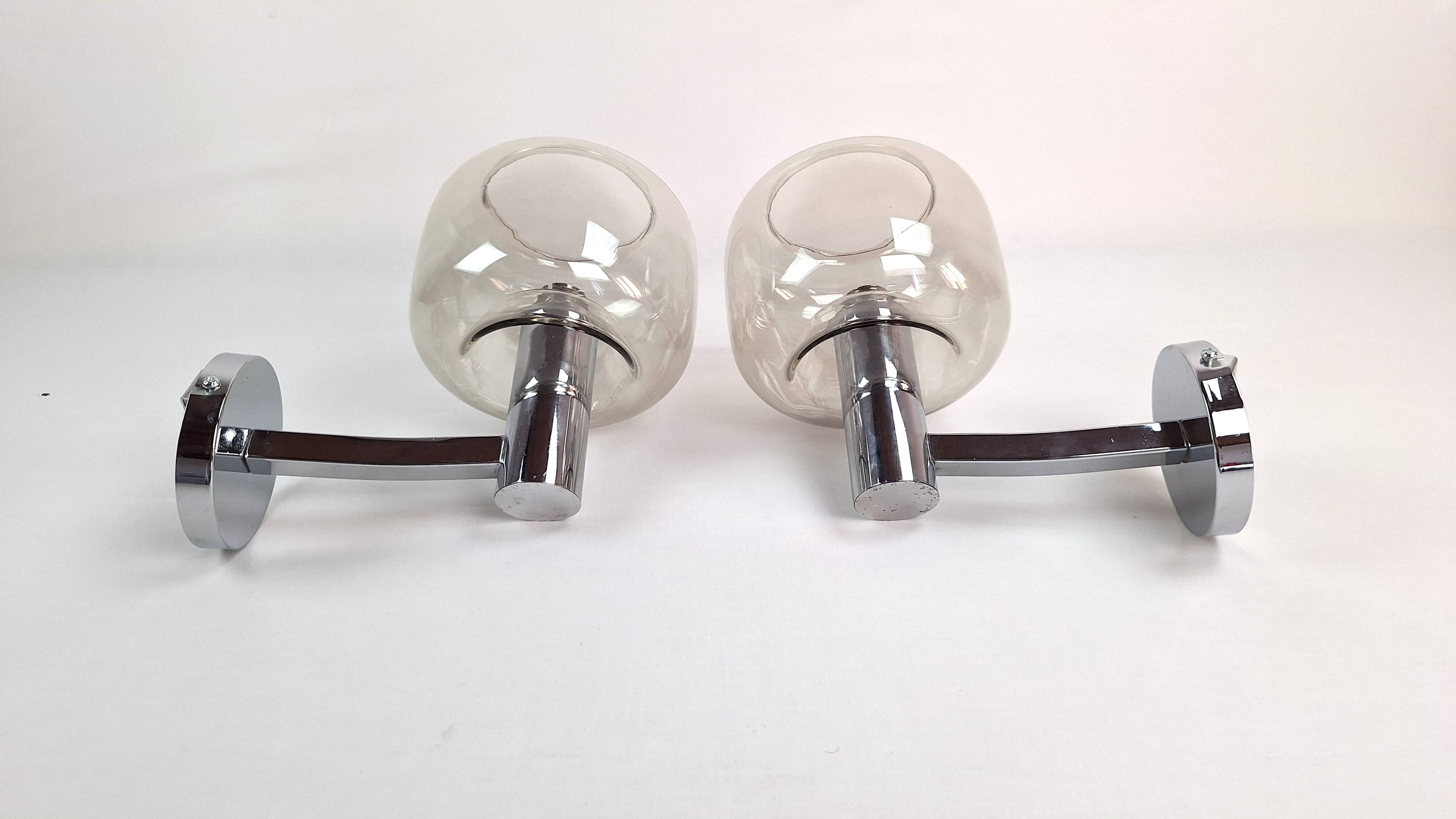 Chrome-plated metal and glass wall lights, 1970