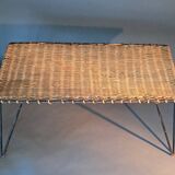 Vintage Raoul Guys coffee table in wicker and black metal, 1960.