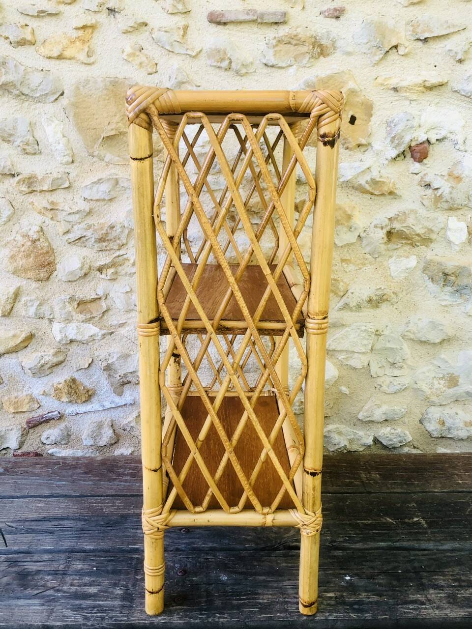 Wall shelf blond wood, bamboo, vintage rattan