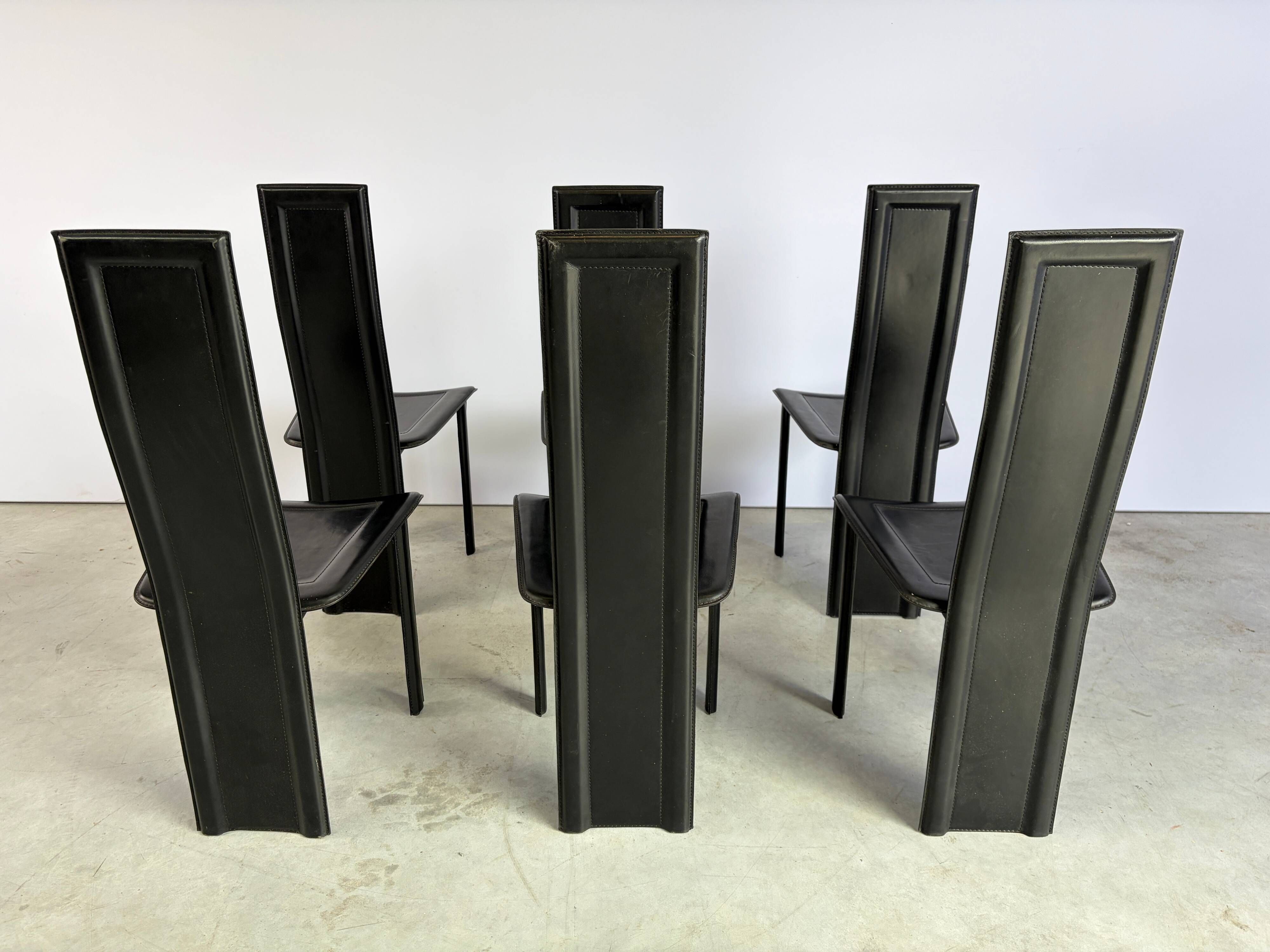 Vintage black leather dining chairs, set of 6, 1980s