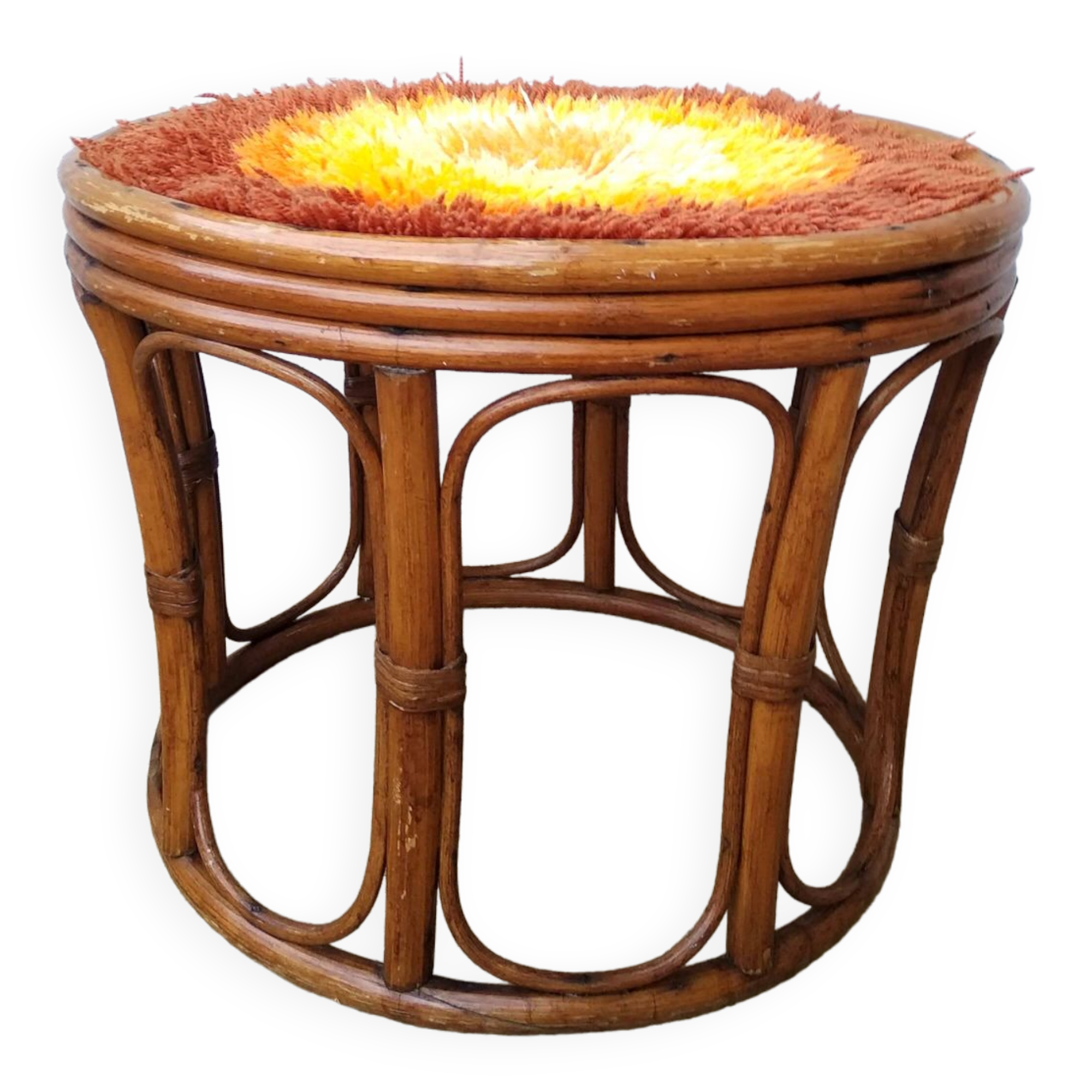 Table tabouret en rotin et verre vintage