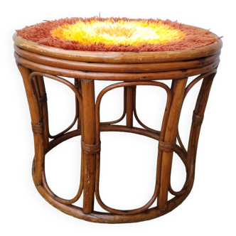 Table tabouret en rotin et verre vintage