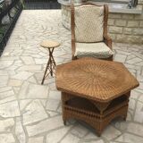 Octagonal wicker rattan coffee table from the 60s and 70s