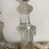 Pair of moulded glass candlesticks, ram heads and masks