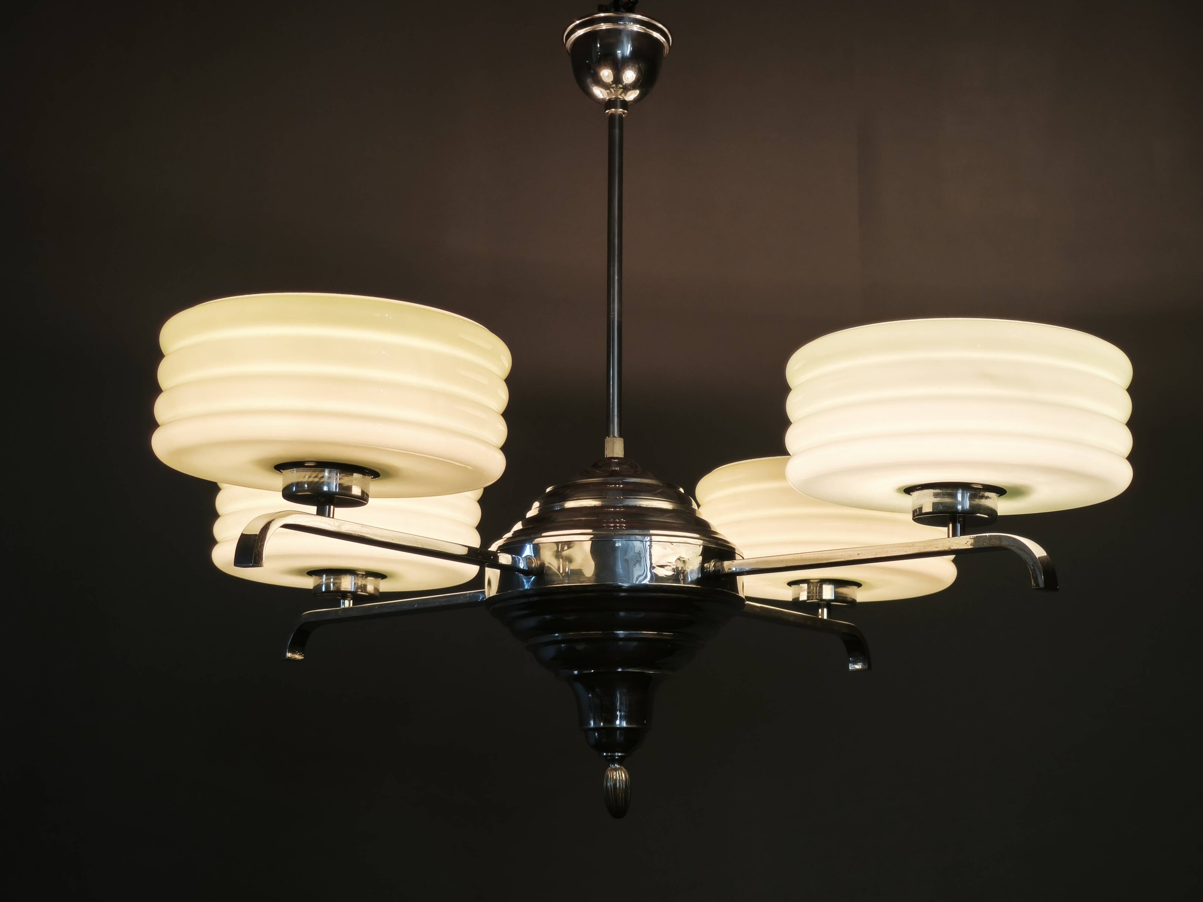 Art Deco Green Opaline Glass Chandelier, Czechoslovakia 1930s