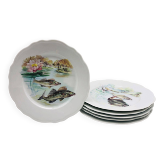 6 assiettes Porcelaine de Limoges, motif Poisson.